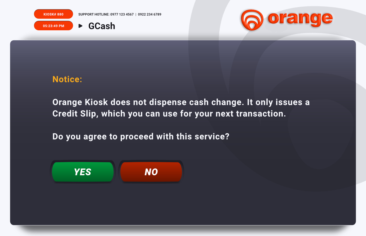 Orange kiosk notice screen explaining it issues a reusable Credit Slip instead of cash change, with Yes and No buttons.